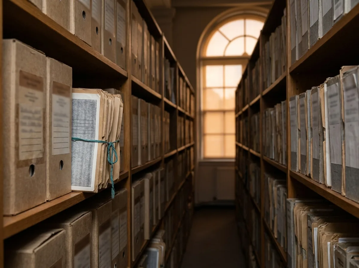 Estantería de archivos documentales con luz cálida