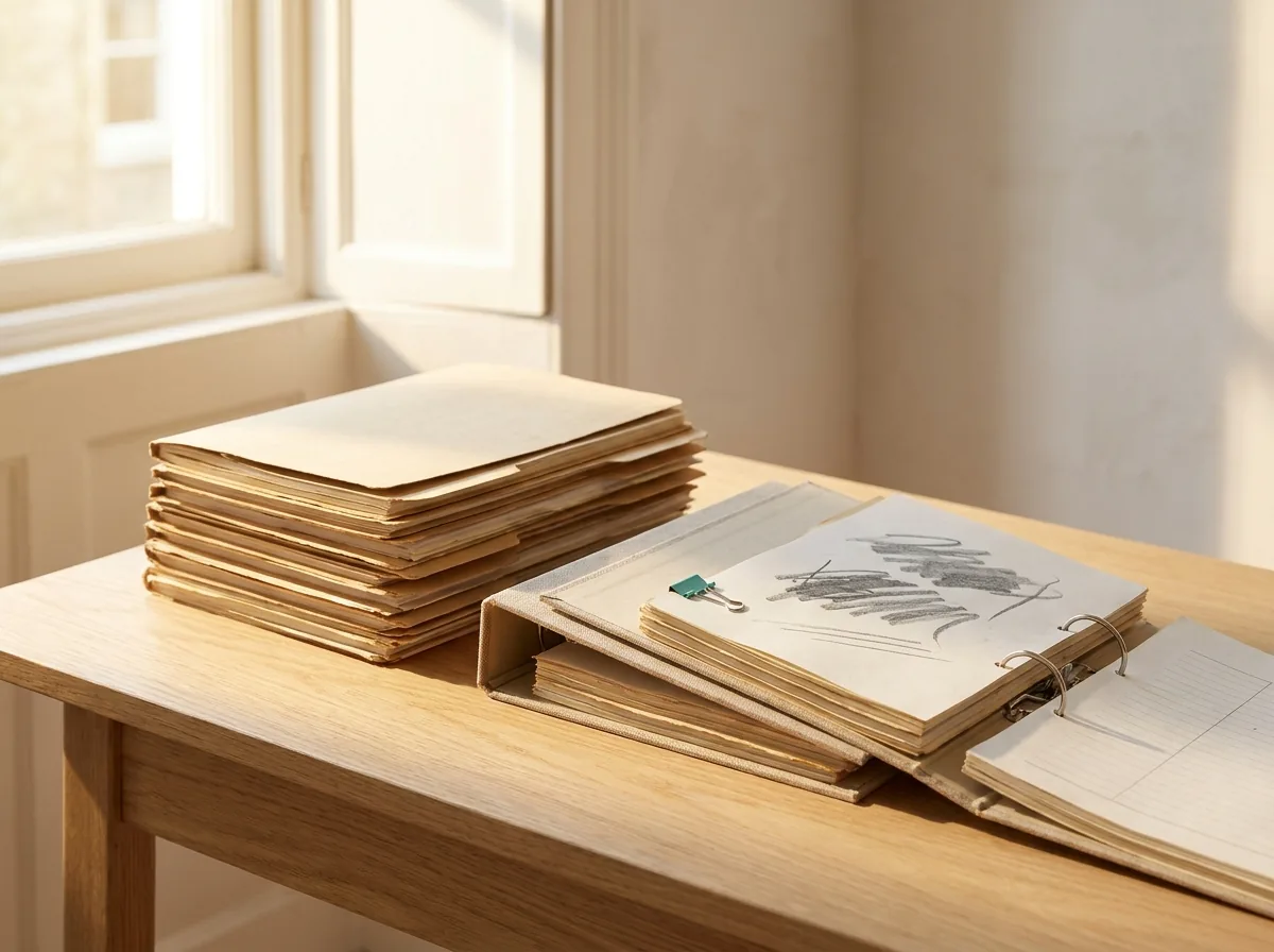 Carpetas y un binder abierto sobre una mesa de madera, con luz de ventana