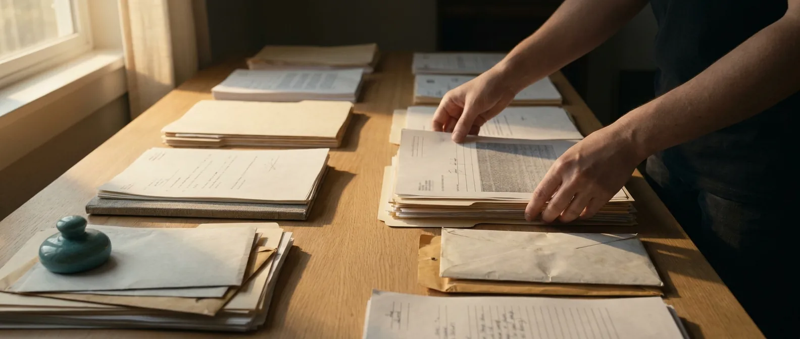Manos organizando carpetas de documentos administrativos